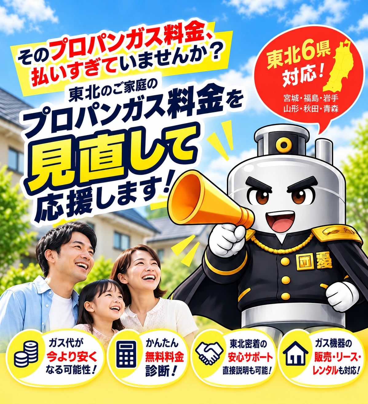 プロパンガス料金、払いすぎていませんか？ 東北のご家庭のプロパンガス料金を見直して応援します。正式な応援団長と家族のビジュアル