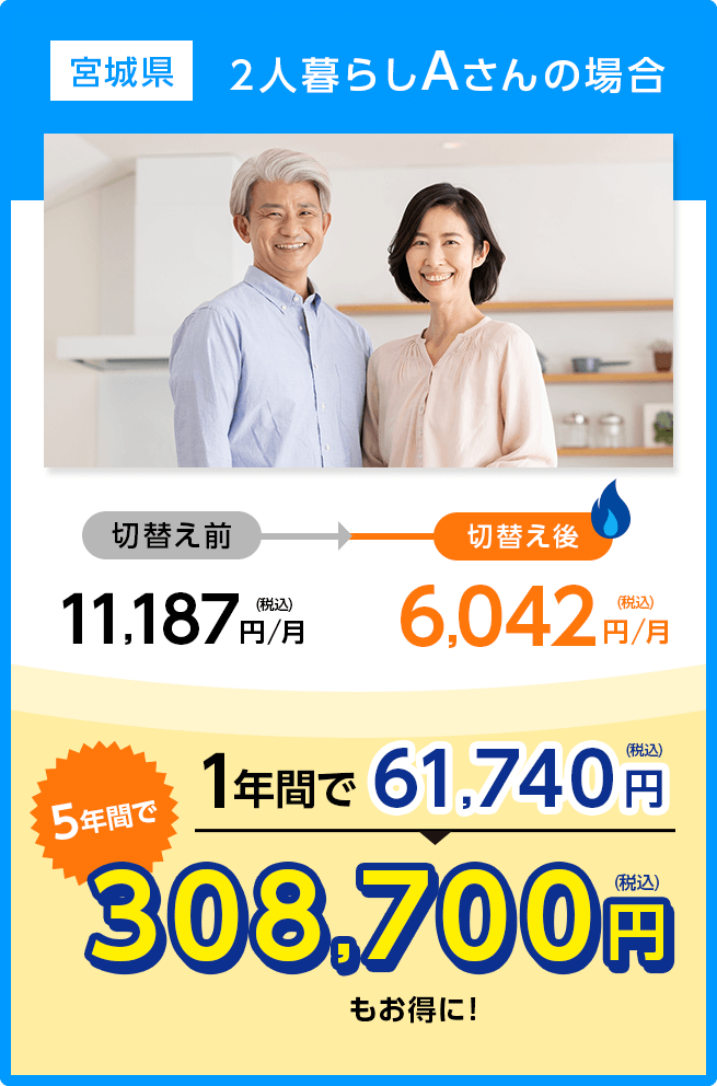 宮城県2人暮らしAさんの場合：切替え前11,187円/月(税込)→切替え6,042円/月(税込)